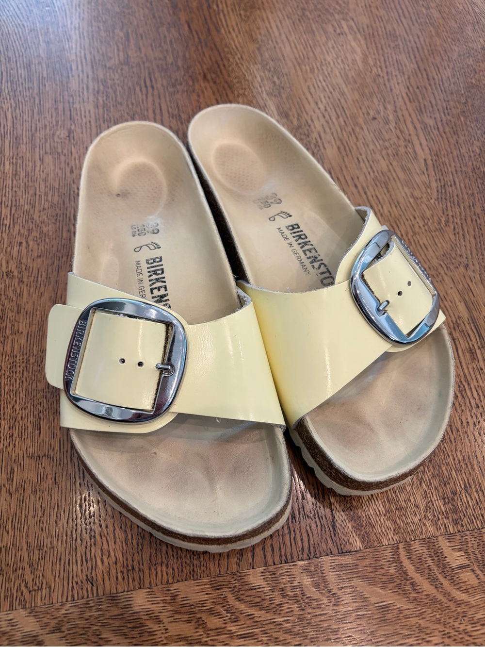 Birkenstock Yellow Patent Big Buckle Slide Sandals